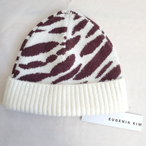 New Eugenia Kim Alexis Zebra Intarsia Wool Blend Ivory/Brown Beanie NWT main image 2